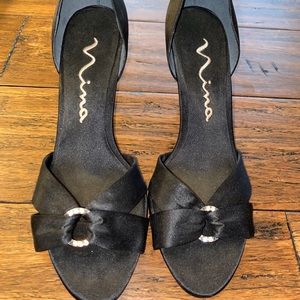 Black satin peep toe heels